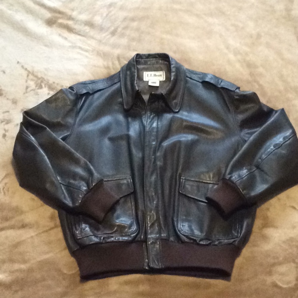 L.L. Bean Dark Brown Leather Bomber Jacket, EUC!!